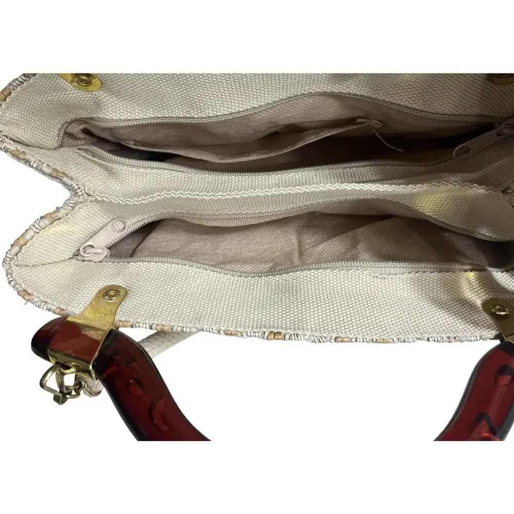 Vtg Handbag Purse Woven Purse Lucite Handles Made In Italy NWT Bohemian Neutral